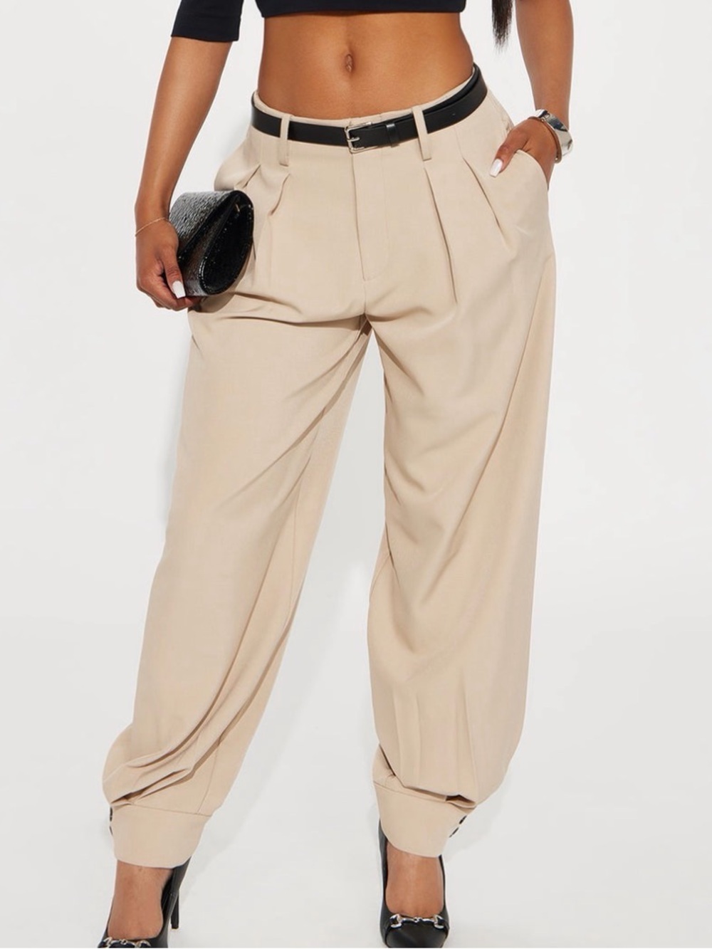 Fashion Nova Beige High-Waist Pleated Wide-Leg Trousers
